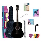 DAVINCI DC-50A BK PACK — набор гитариста: классическая гитара 7/8 черного цвета, чехол, медиаторы, ремень, капо, вертушка, струны, Да Винчи