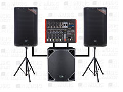 Комплект акустики: 2 сателлита, 1 сабвуфер, микшерный пульт, стойки, коммутация, мощность — 2000/4000 Вт